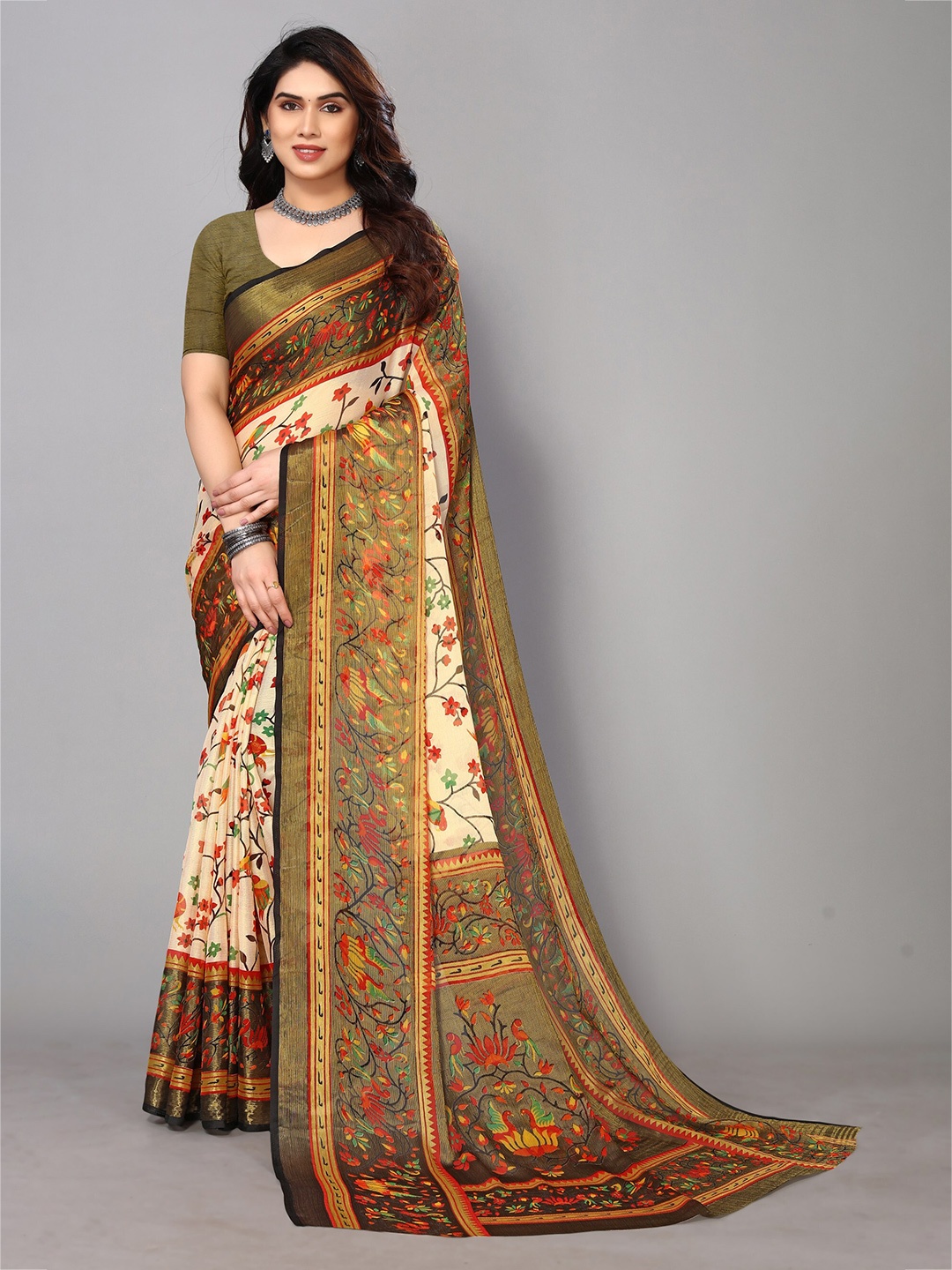 

FABMORA Floral Printed Zari Pure Chiffon Brasso Saree, Black