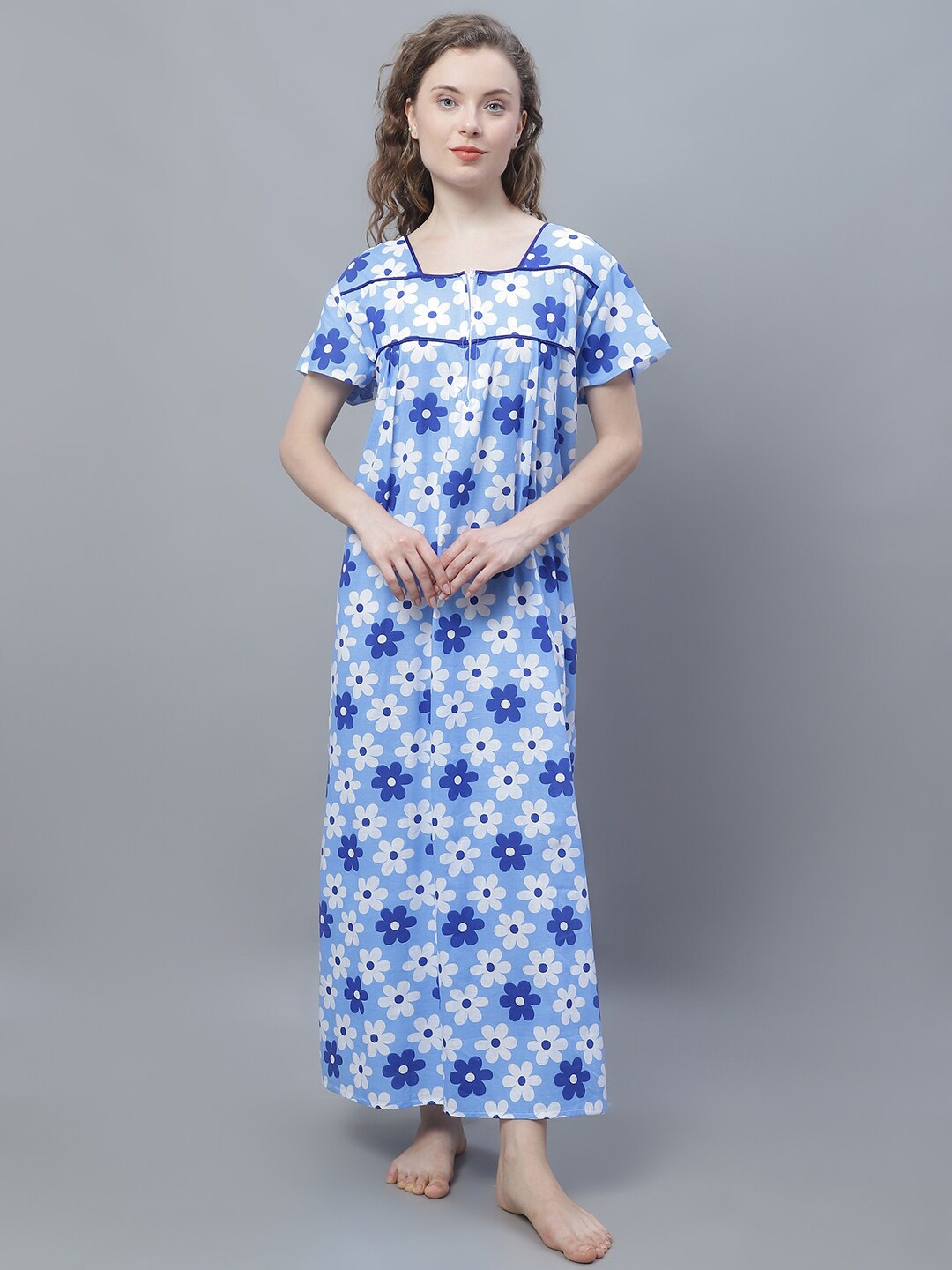 

Shararat Floral Printed Pure Cotton Maxi Nightdress, Blue