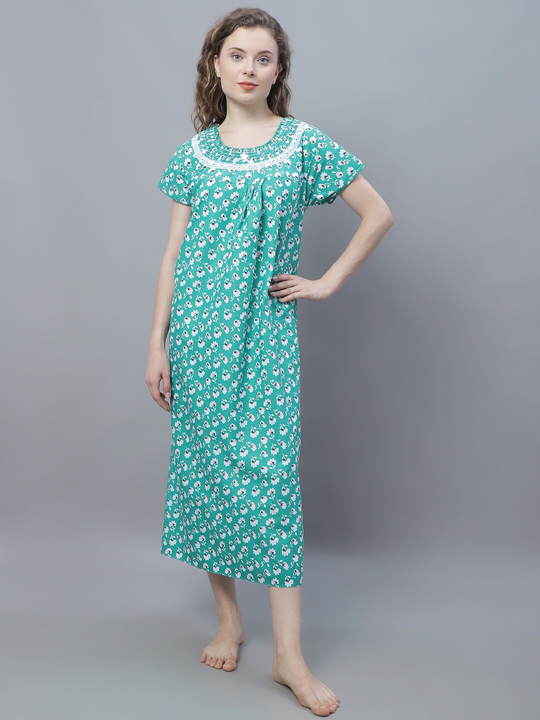 

Shararat Floral Printed Pure Cotton Maxi Nightdress, Green
