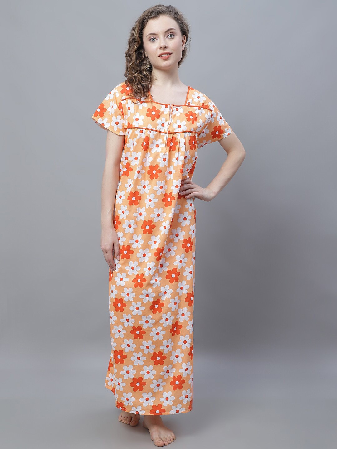 

Shararat Floral Printed Pure Cotton Maxi Nightdress, Orange