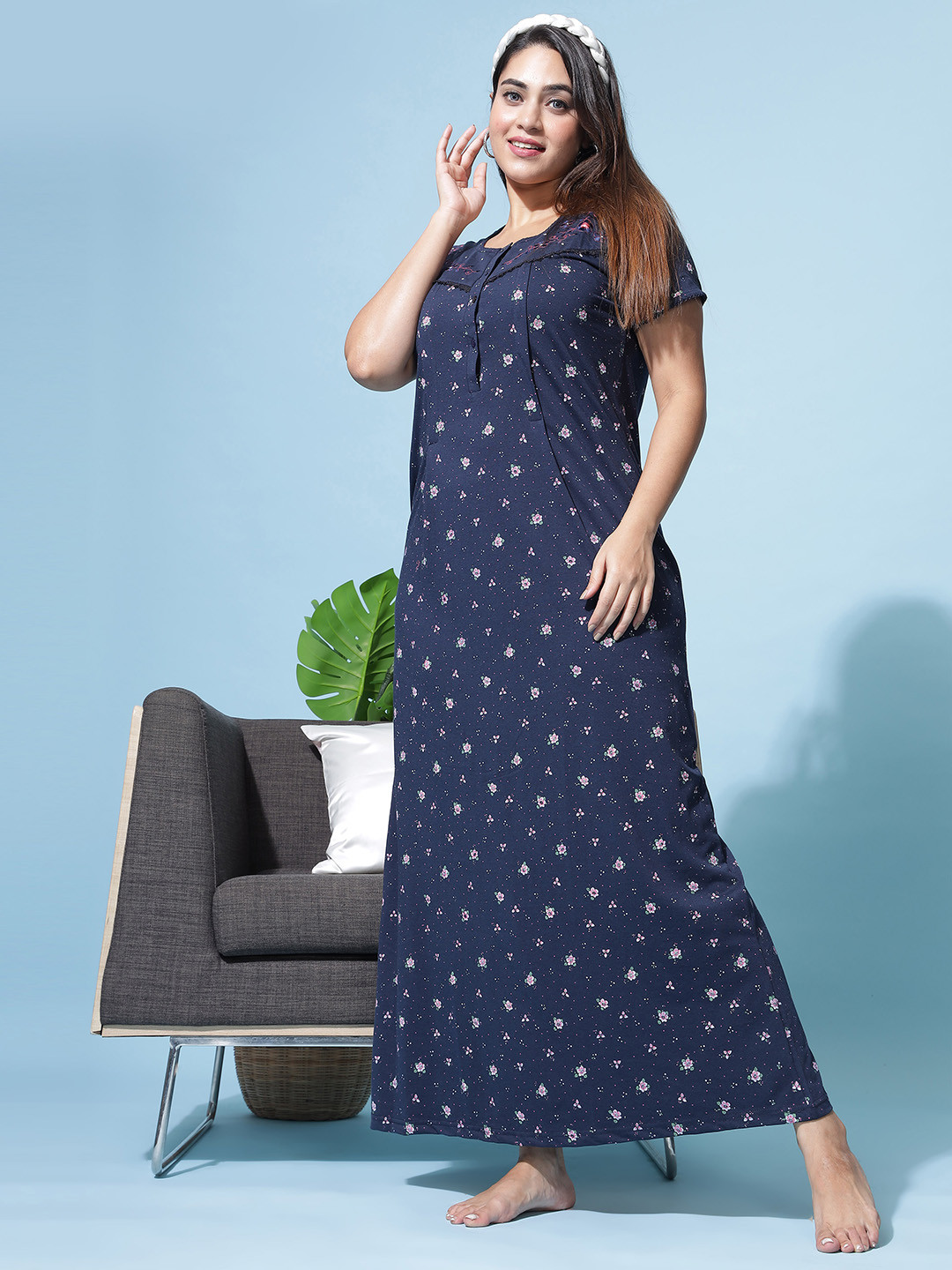 

9shines Label Floral Printed Maxi Nightdress, Blue