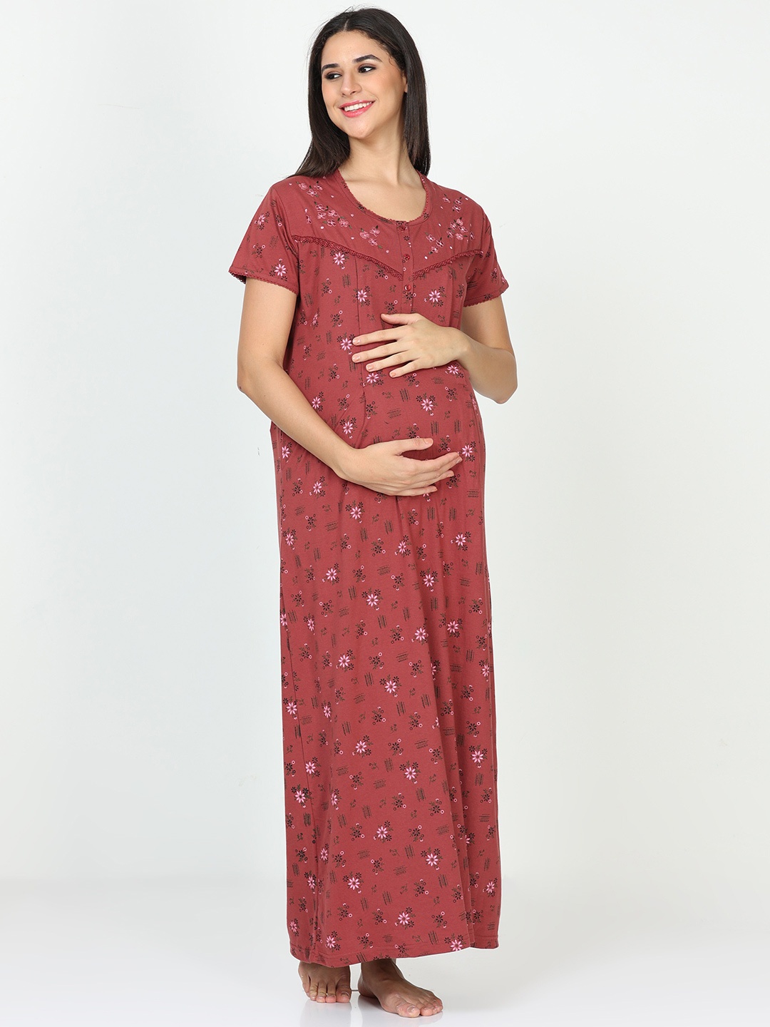

9shines Label Women Floral Printed Maternity Nightdress, Red
