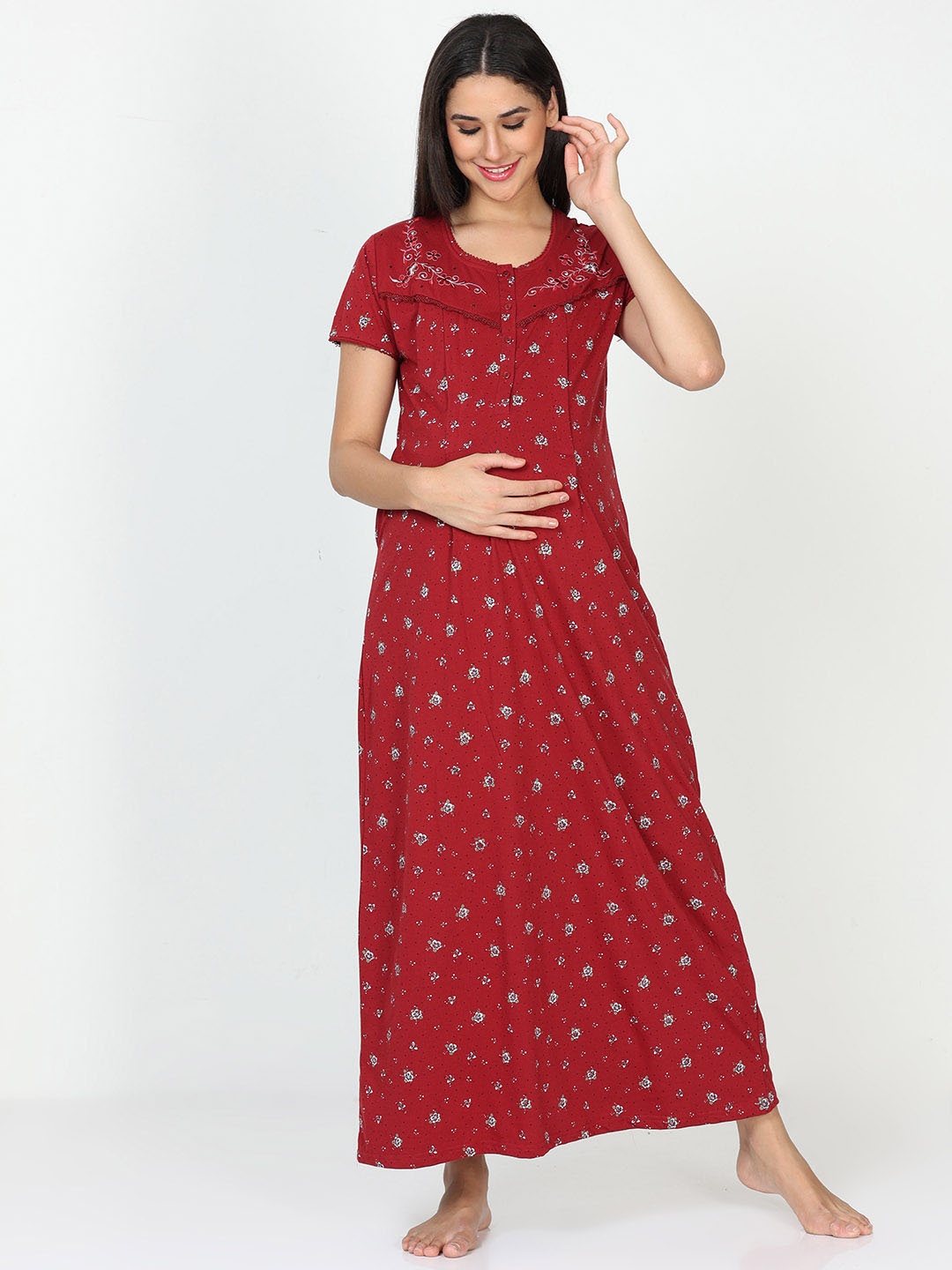 

9shines Label Women Floral Printed Maternity Nightdress, Red