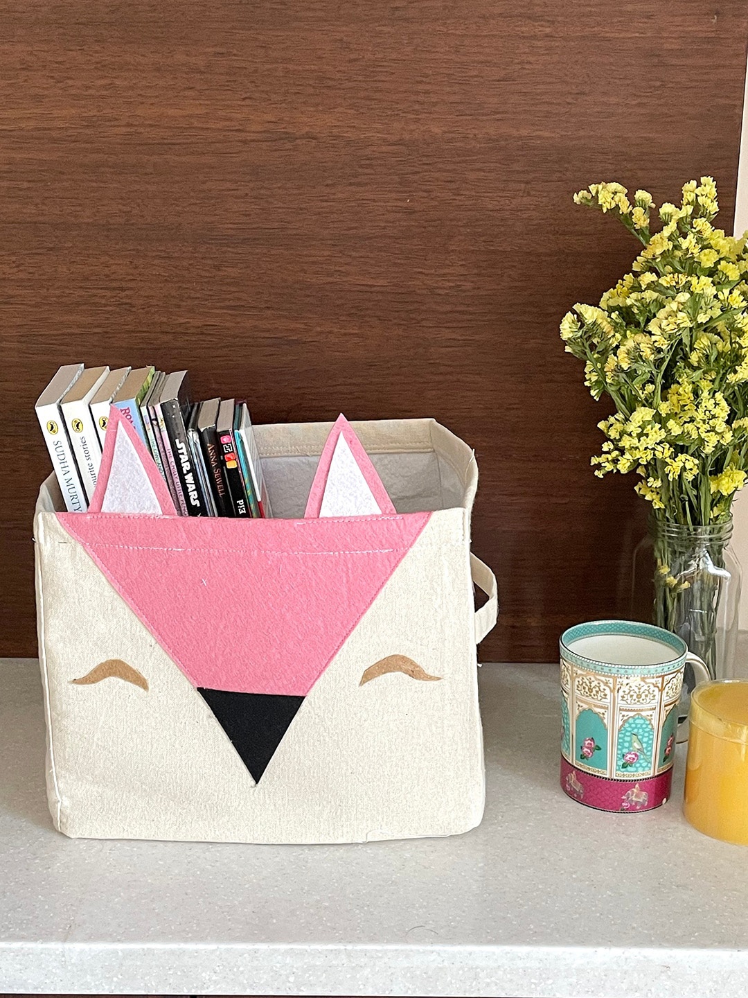 

My Gift Booth Kids Cream-Colored & Pink Fox Basket With 2 Handles On The Side
