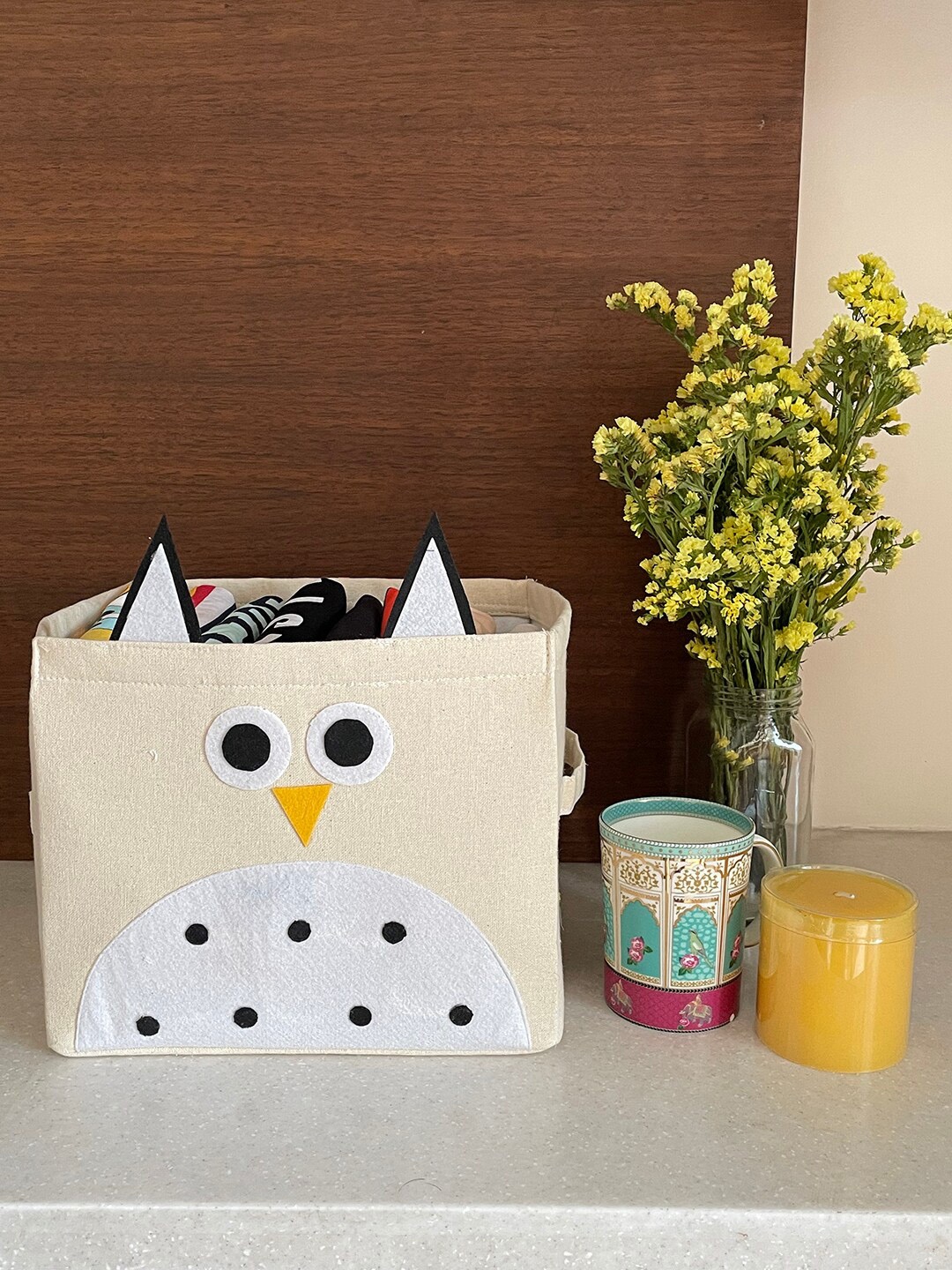 

My Gift Booth Kids Cream-Colored Owl Basket With 2 Handles On The Side