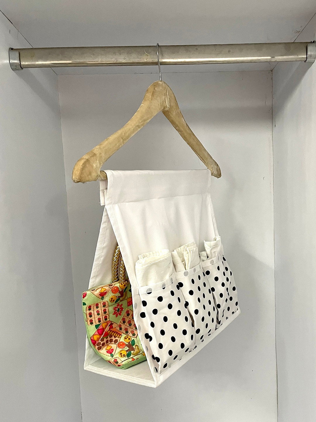 

My Gift Booth Kids White & Black Polka Dot Printed Reusable Cotton Multi-Utility Organizer