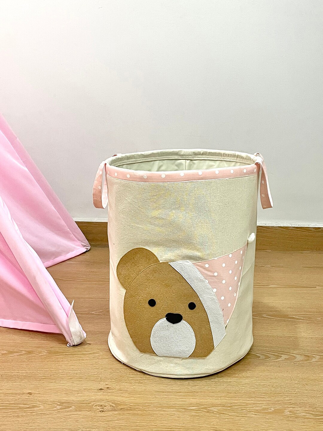 

My Gift Booth Kids Cream Teddy Bear Printed Reusable Canvas Laundry Bag, White