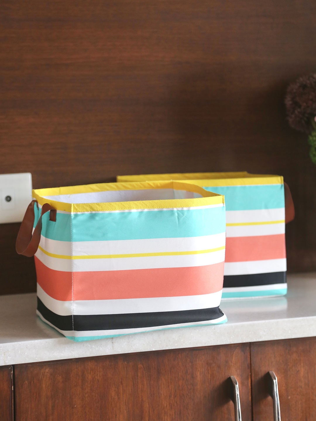 

My Gift Booth Kids Yellow 2-Pieces Striped Reusable Cotton Multi-Utility Organizers