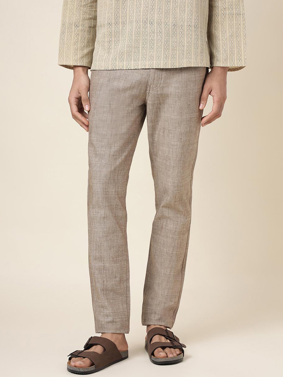

Fabindia Men Mid-Rise Slim Fit Cotton Trousers, Brown
