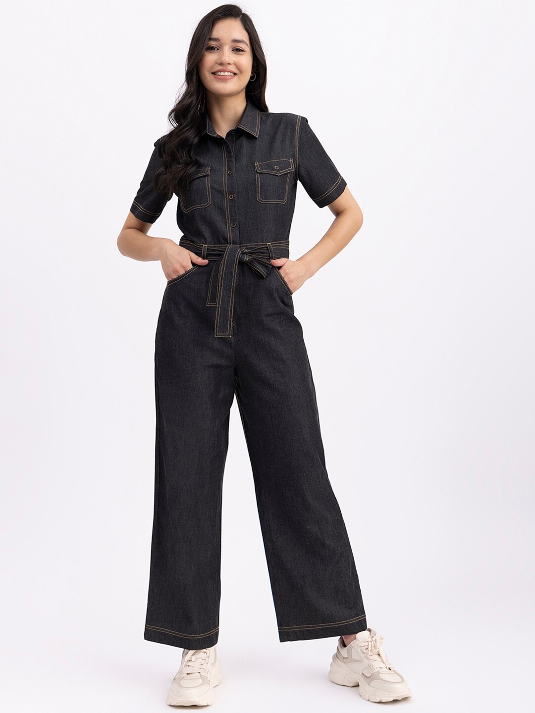 

FableStreet Shirt Collar Cotton Denim Basic Jumpsuit With Belt, Black