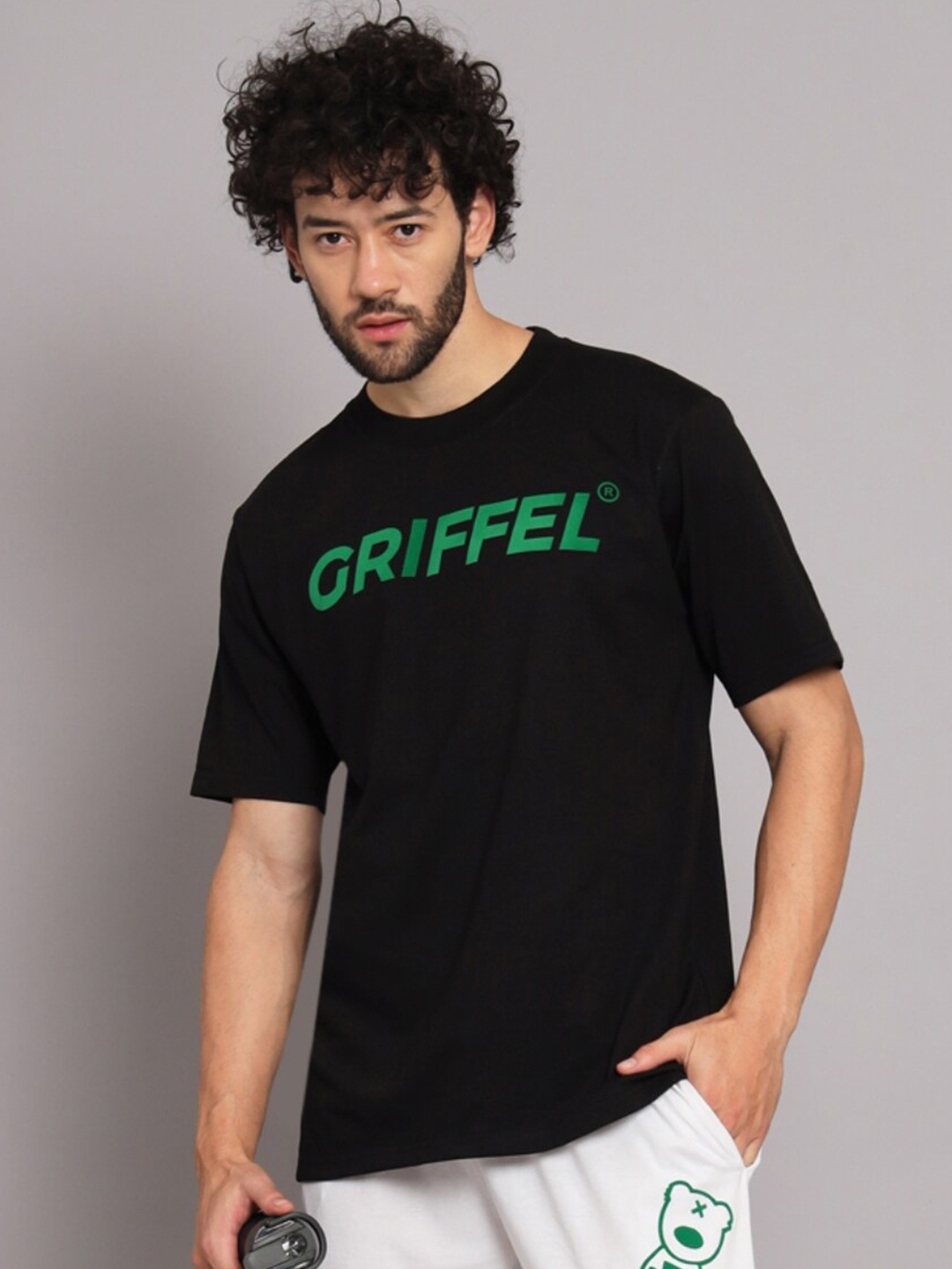 GRIFFEL Typography Printed V-Neck Cotton Loose T-shirt, Black