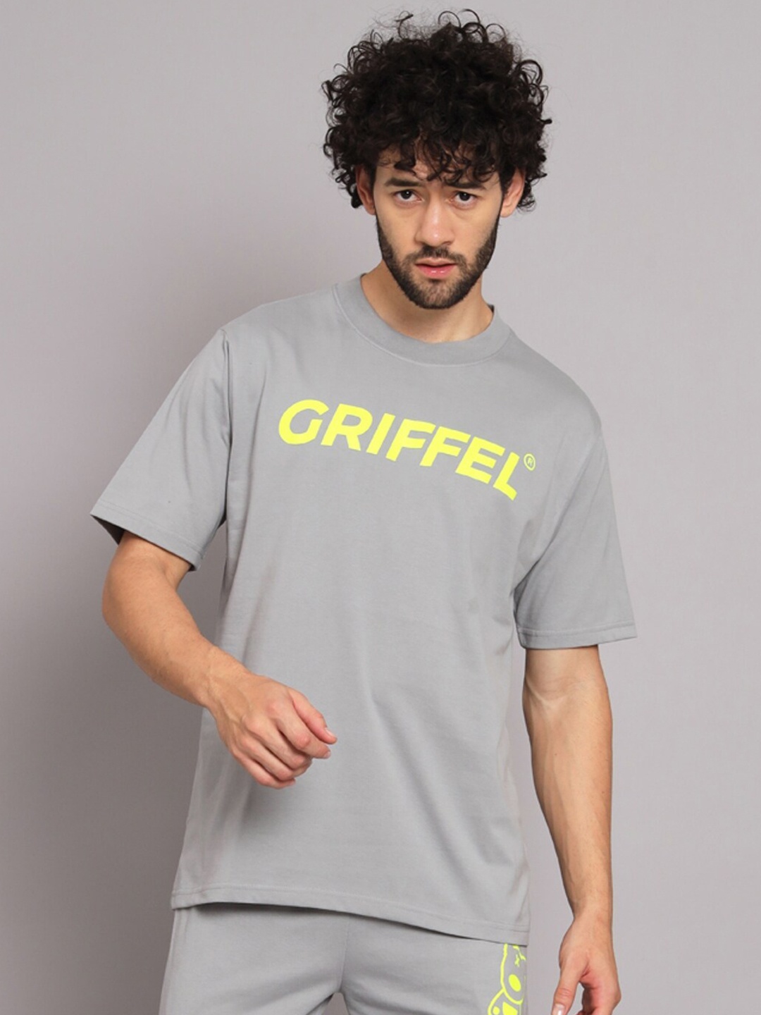 

GRIFFEL Typography Printed Cotton Oversize Sports T-shirt, Grey