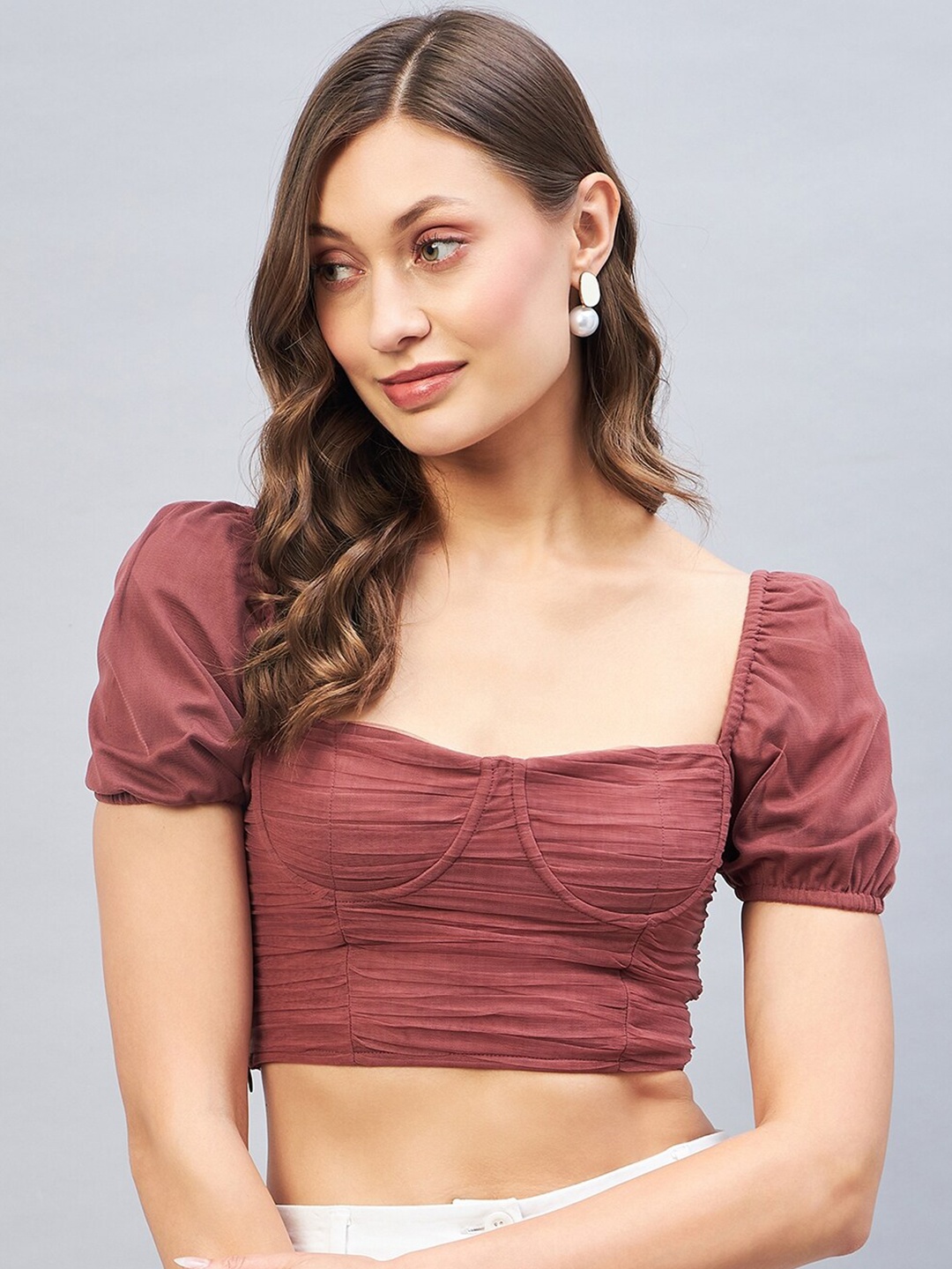 

DELAN Square Neck Puff Sleeve Bralette Crop Top, Brown