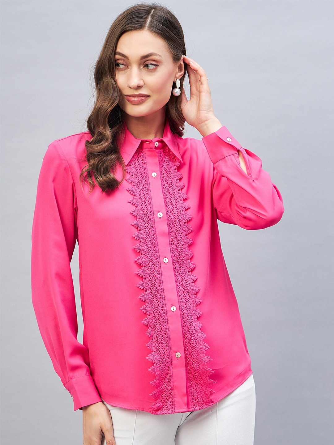 

DELAN Shirt Collar Lace Up Shirt Style Top, Pink