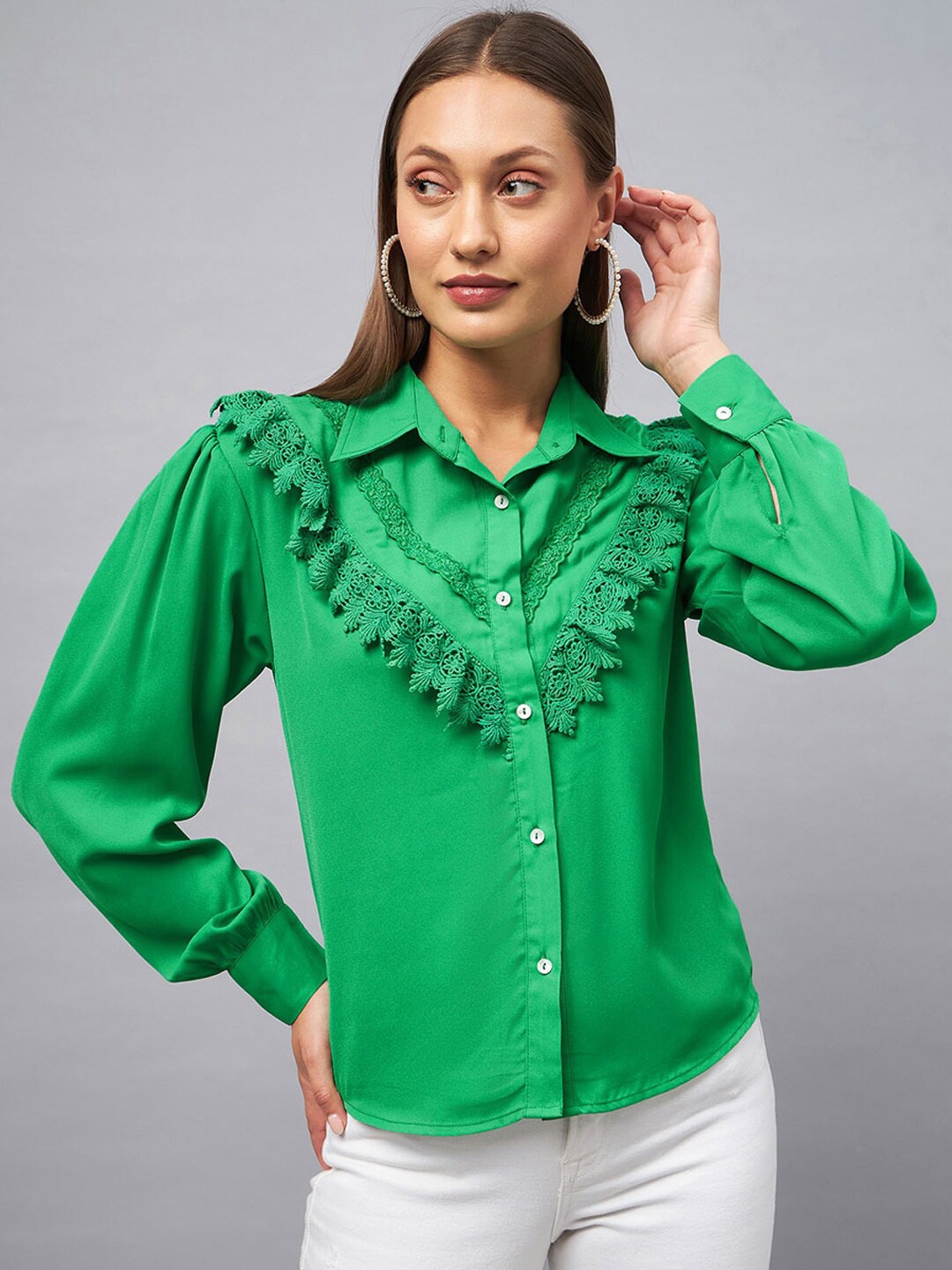 

DELAN Shirt Collar Lace Up Shirt Style Top, Green