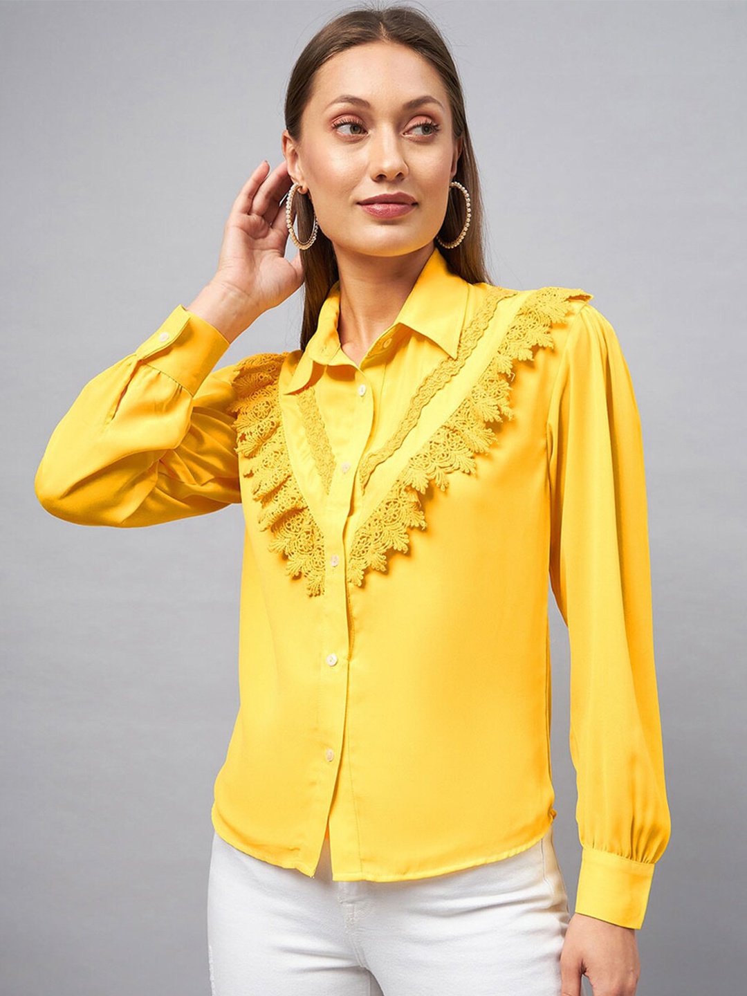 

DELAN Laced Cuff Sleeves Crepe Shirt Style Top, Yellow