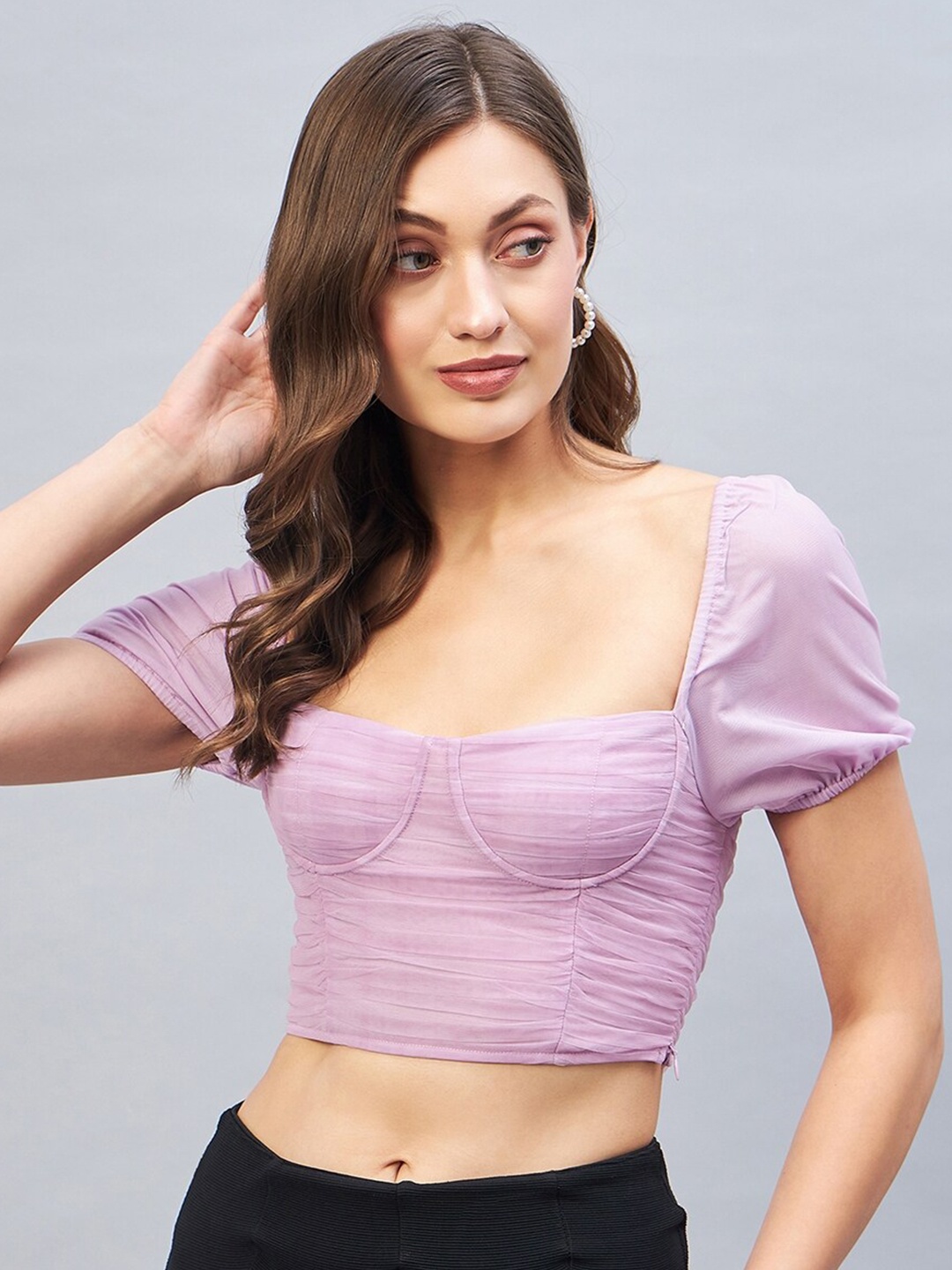 

DELAN Square Neck Ruched Puff Sleeve Semi-Sheer Fitted Crop Top, Lavender