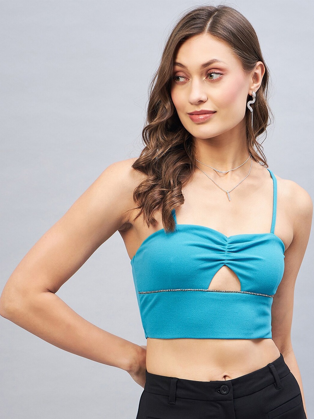 

DELAN Shoulder Straps Bralette Crop Top, Turquoise blue