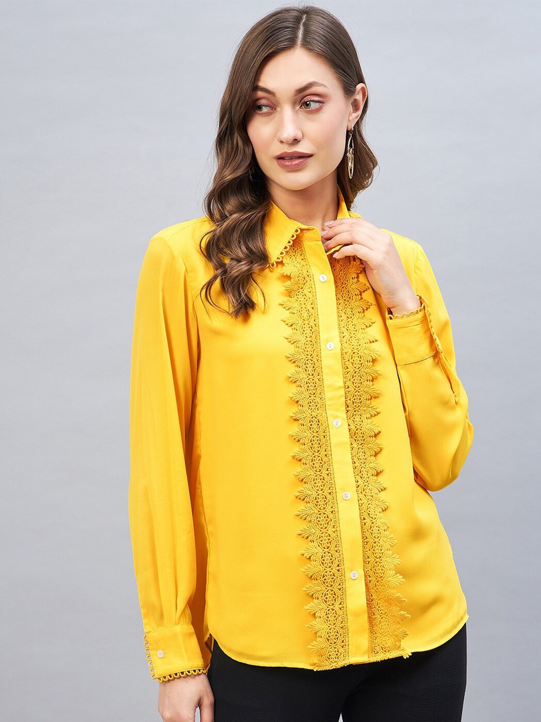 

DELAN Shirt Collar Lace Up Shirt Style Top, Yellow