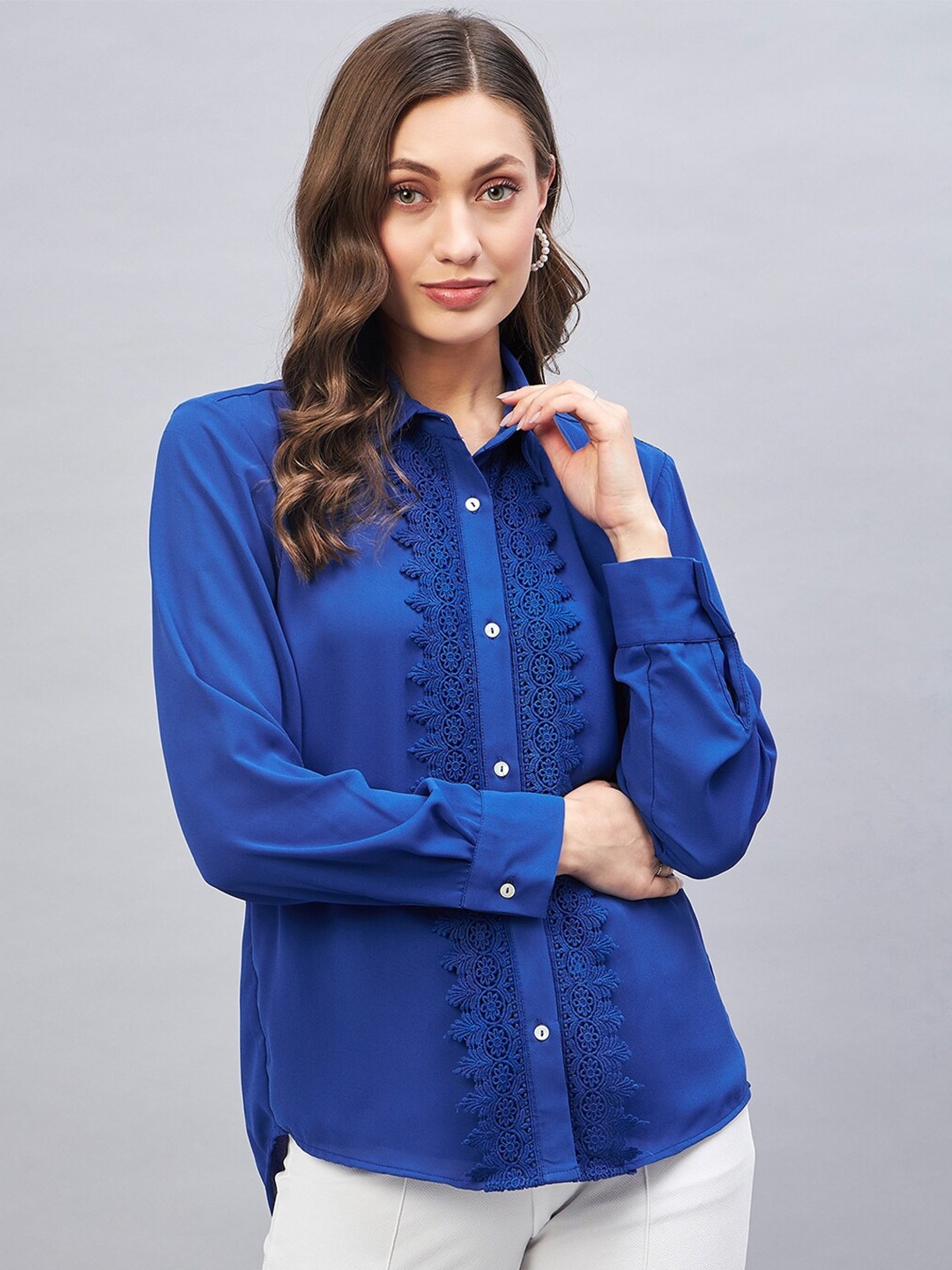 

DELAN Shirt Collar Lace Up Shirt Style Top, Blue