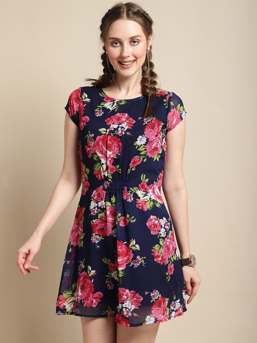 

La Zoire Floral Print Georgette Fit & Flare Dress, Navy blue