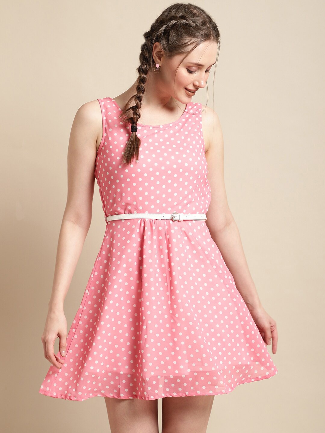 

La Zoire Polka Dot Print Georgette Fit & Flare Dress, Pink