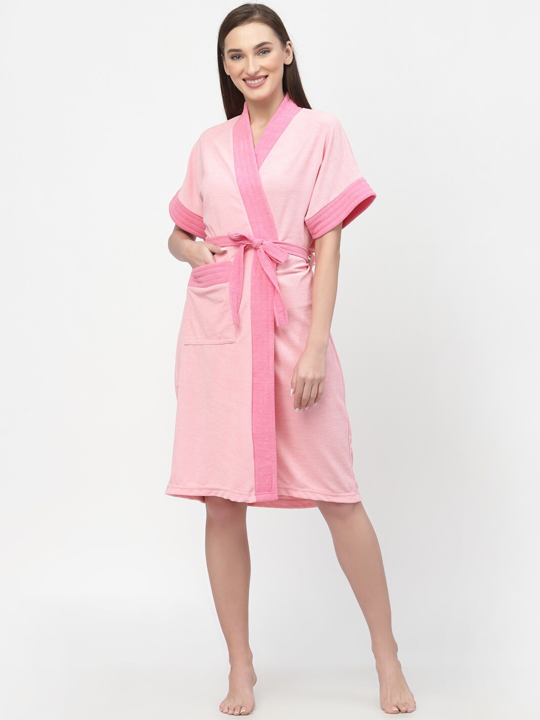 

POORAK Women Terry Cotton Bath Robe With Belt, Pink