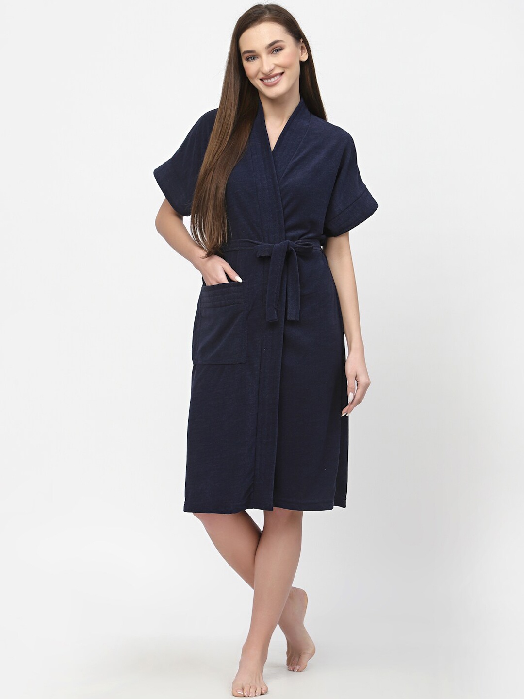 POORAK Navy Blue V-Neck Waist Tie-Up Terry Cotton Bath Robe