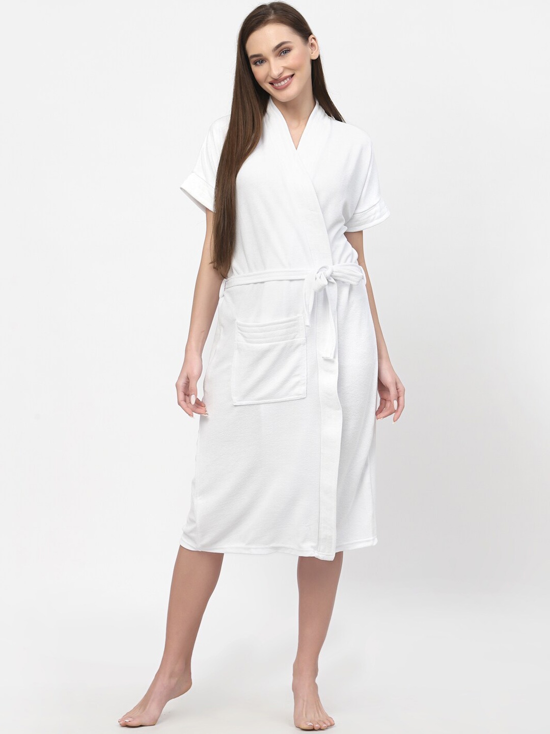 

POORAK White V-Neck Waist Tie-Up Terry Cotton Bath Robe