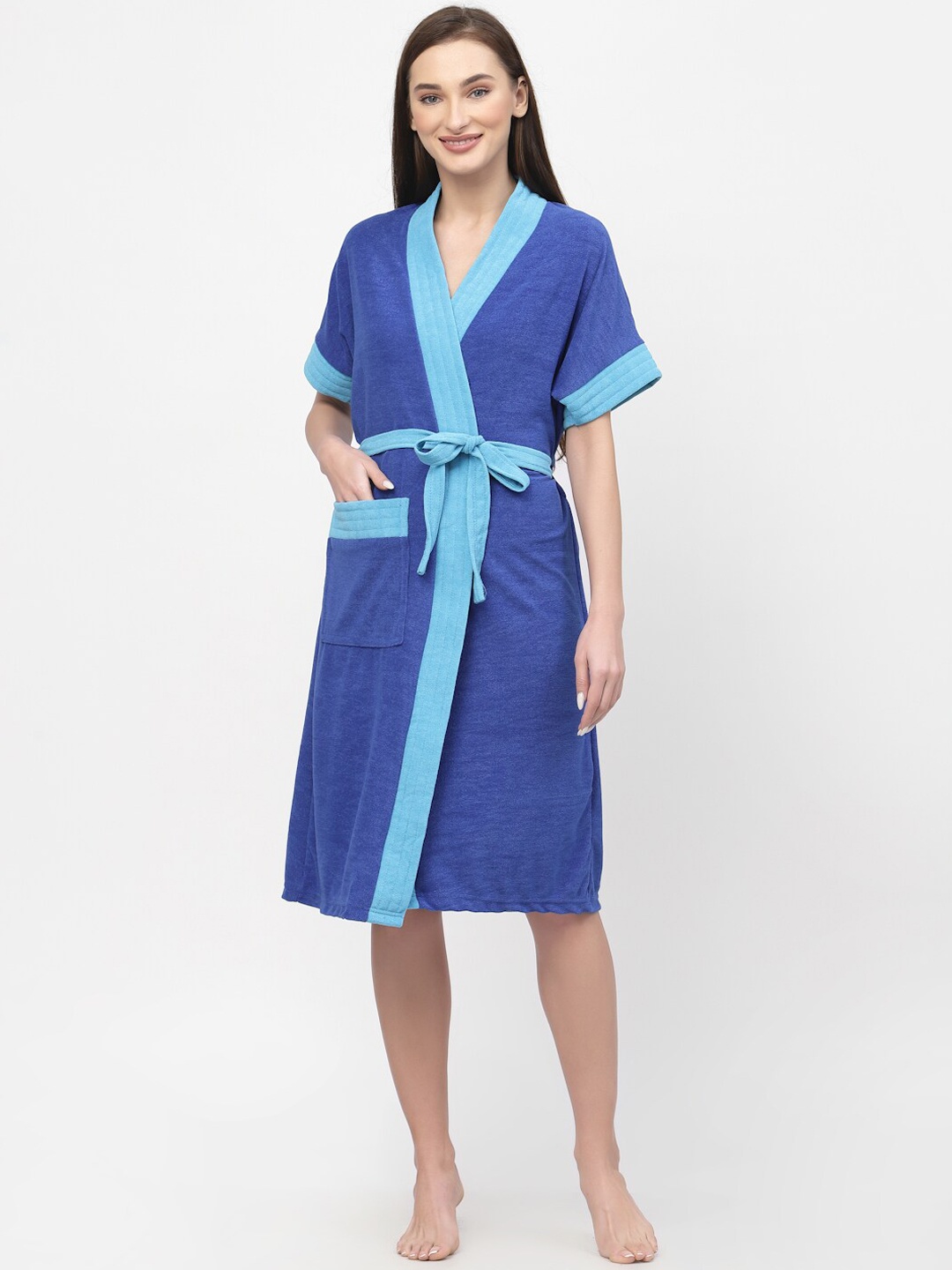 

POORAK Blue V-Neck Waist Tie-Up Terry Cotton Bath Robe