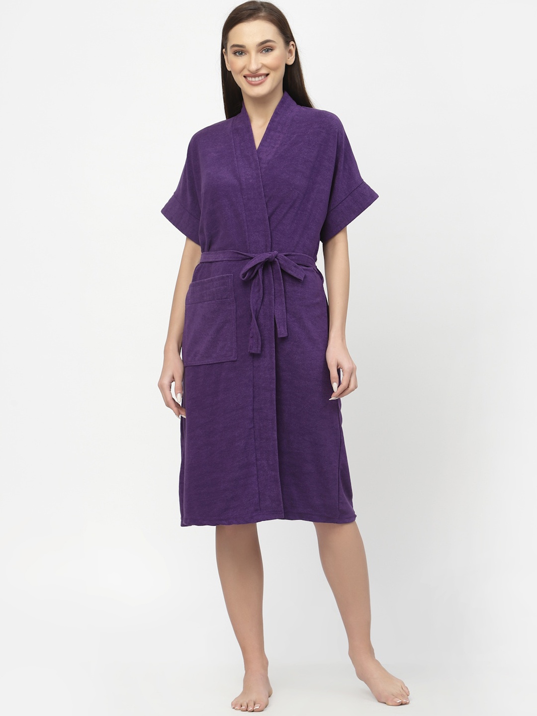 

POORAK Purple V-Neck Waist Tie-Up Terry Cotton Bath Robe