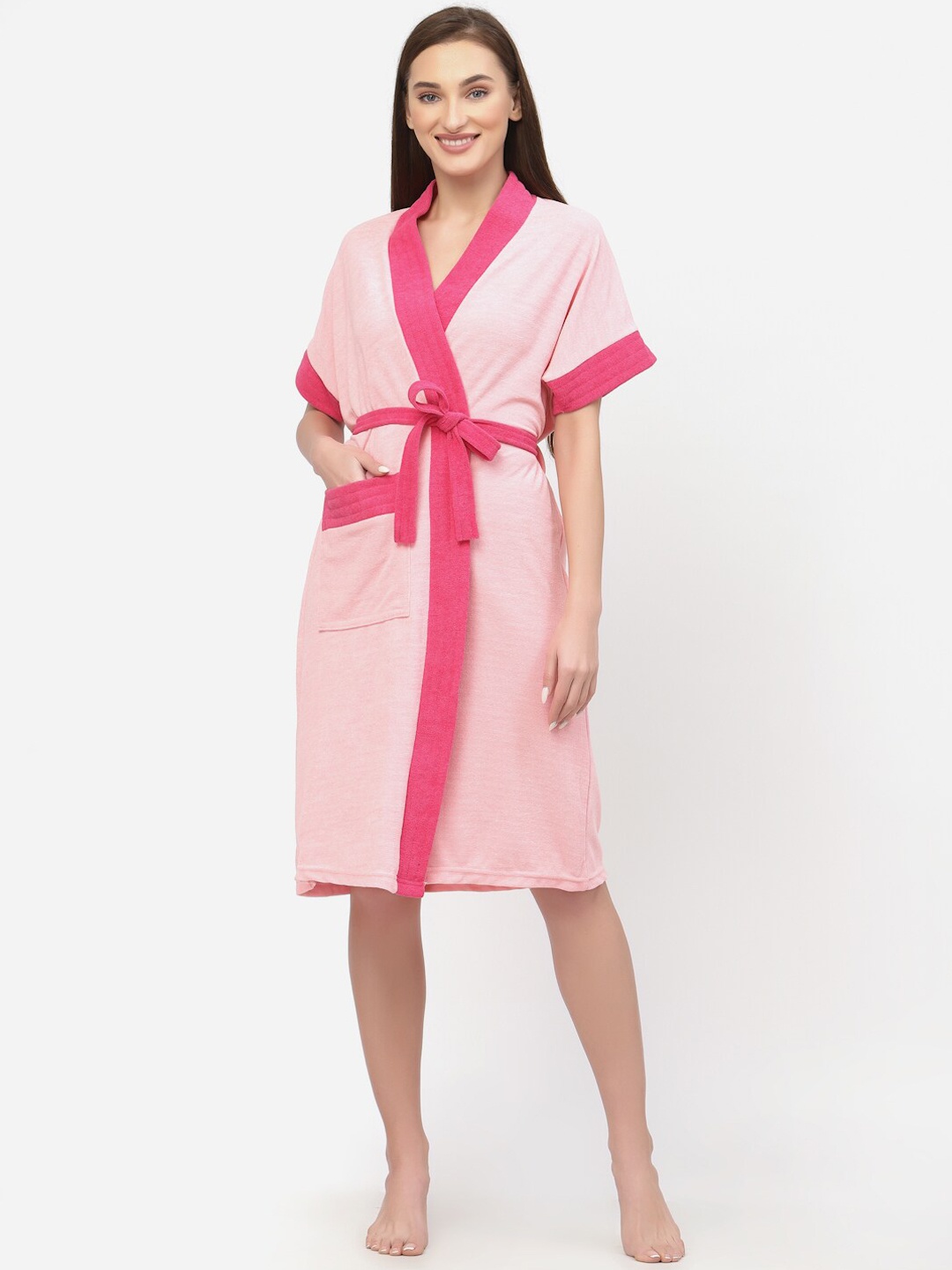 

POORAK Women Terry Cotton Bath Robe With Belt, Pink