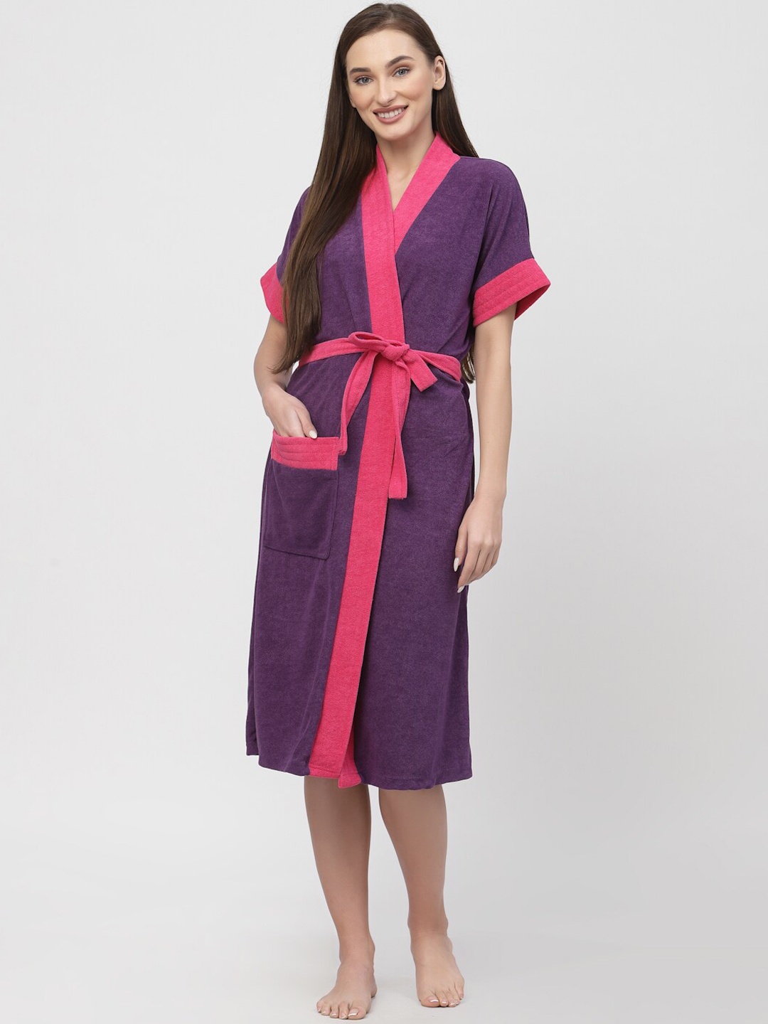 

POORAK Women Terry Cotton Bath Robe With Belt, Purple