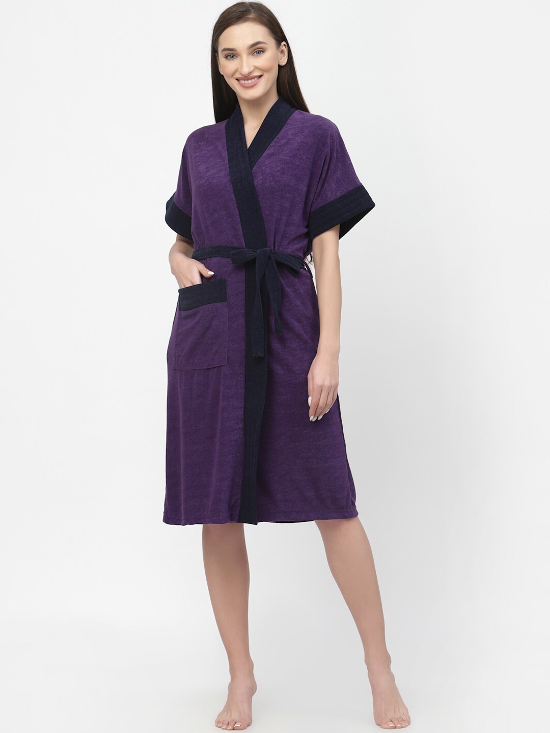 

POORAK Women Terry Cotton Bath Robe With Belt, Purple