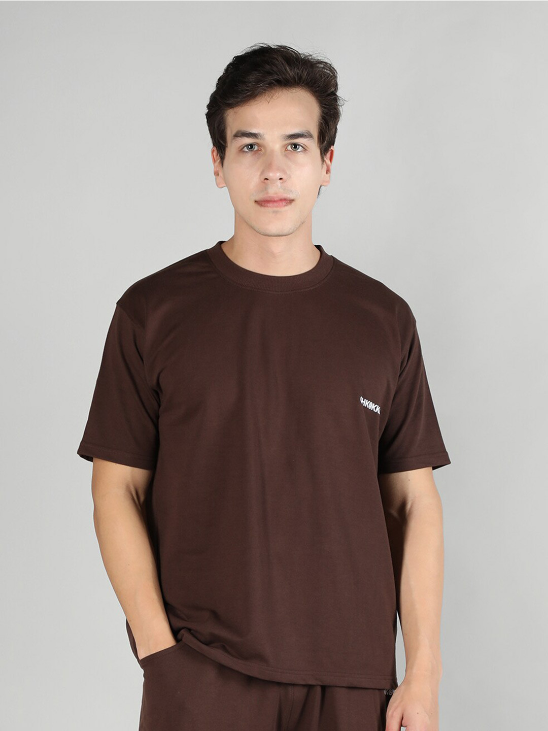 

CHKOKKO Round Neck Oversized Cotton T-shirt, Coffee brown