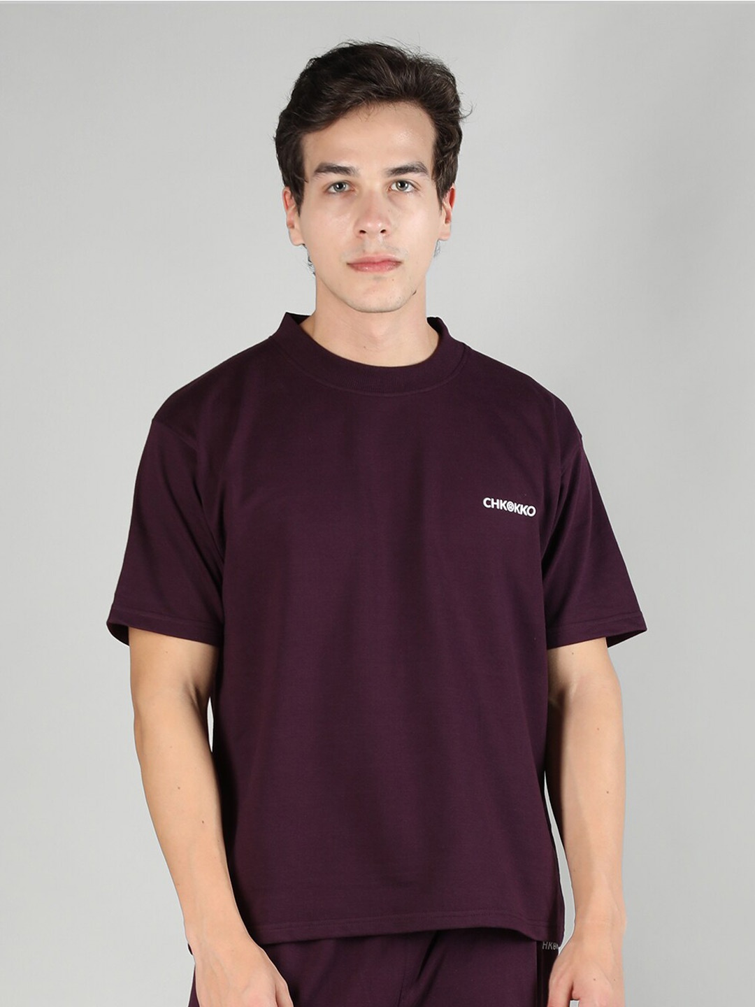 

CHKOKKO Round Neck Cotton Oversize T-shirt, Burgundy