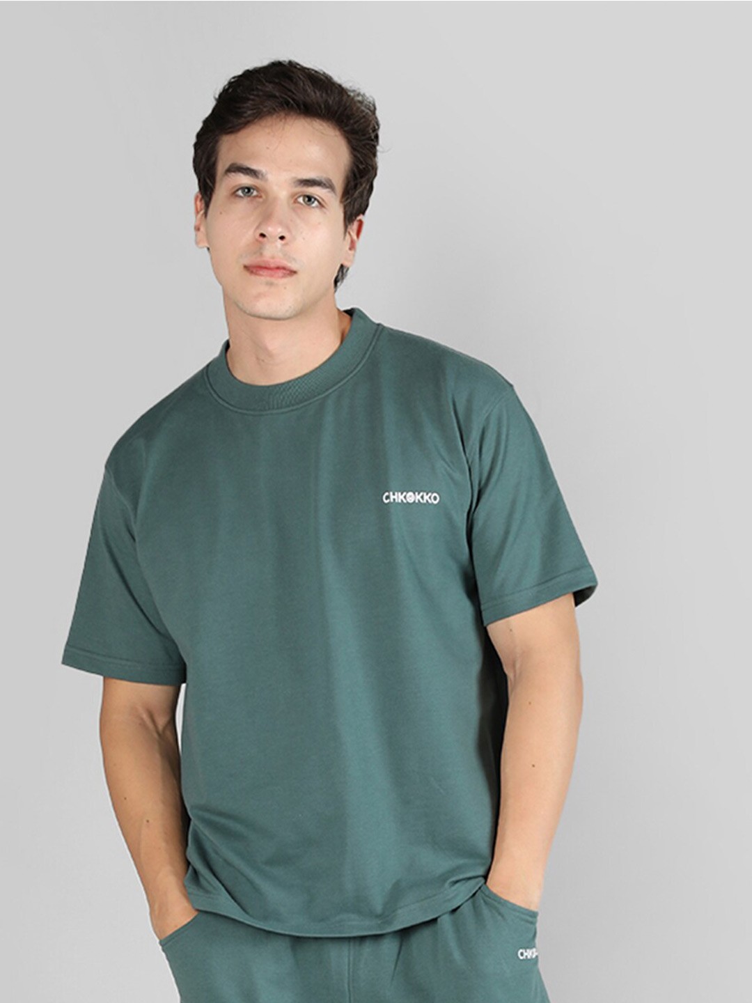 

CHKOKKO Round Neck Oversized Cotton T-shirt, Green