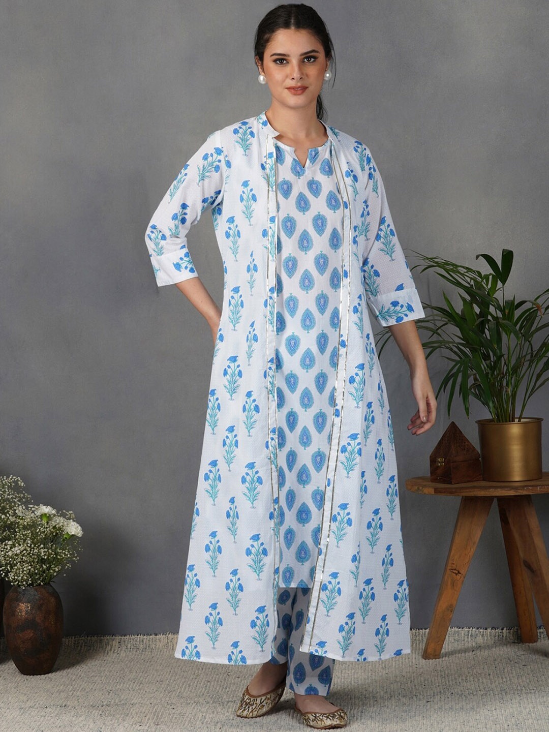 

METRO-FASHION Ethnic Motifs Printed Pure Cotton Kurta With Trousers & Jacket, White