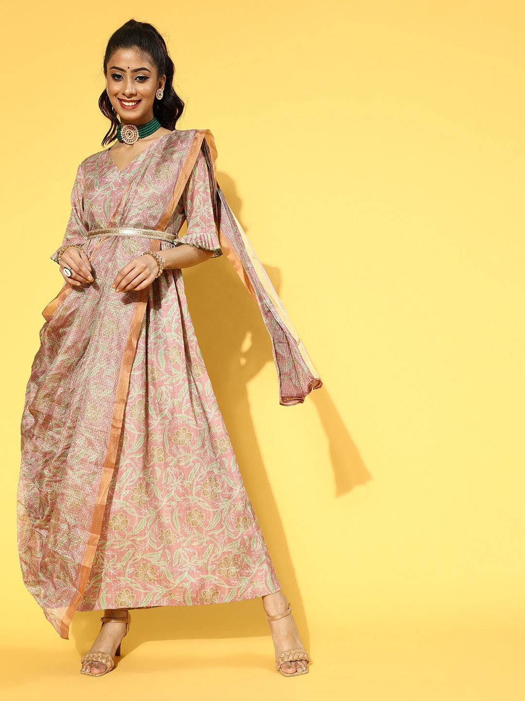 

Yufta Ethnic Motifs Printed Maxi Ethnic Dress With Dupatta, Peach