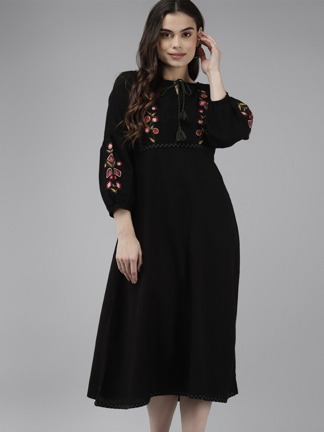 

Yufta Floral Embroidered Tie Up Neck Pure Cotton A-Line Midi Dress, Black