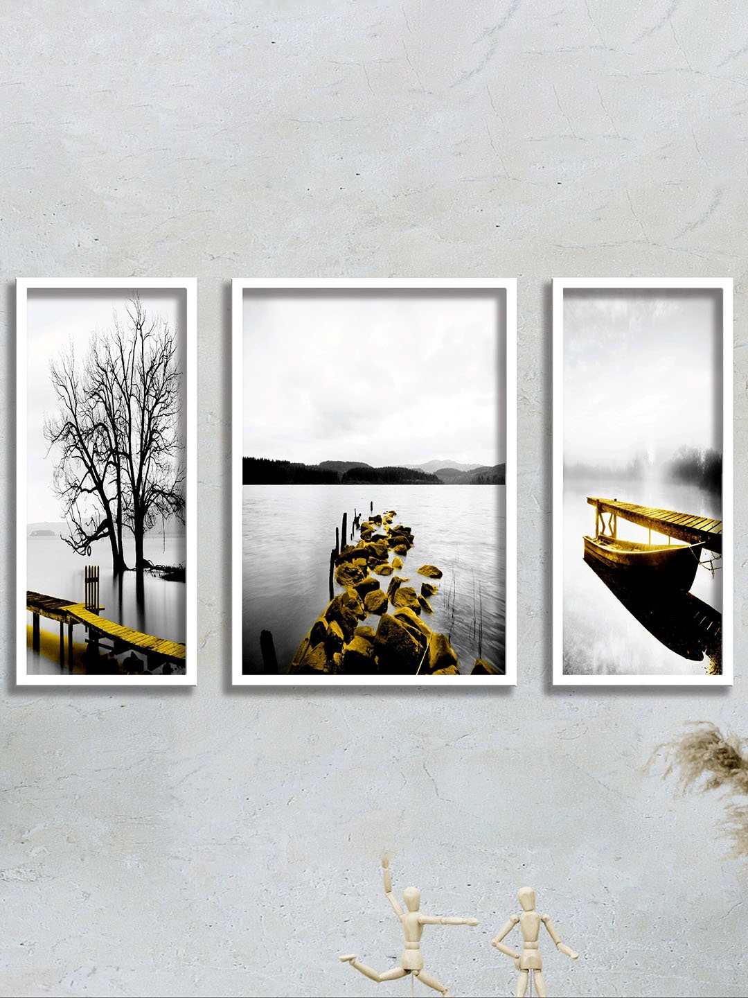 

SAF 3 Pieces Grey & Black Water Bridge And Tree Painting UV Coating Wall Art