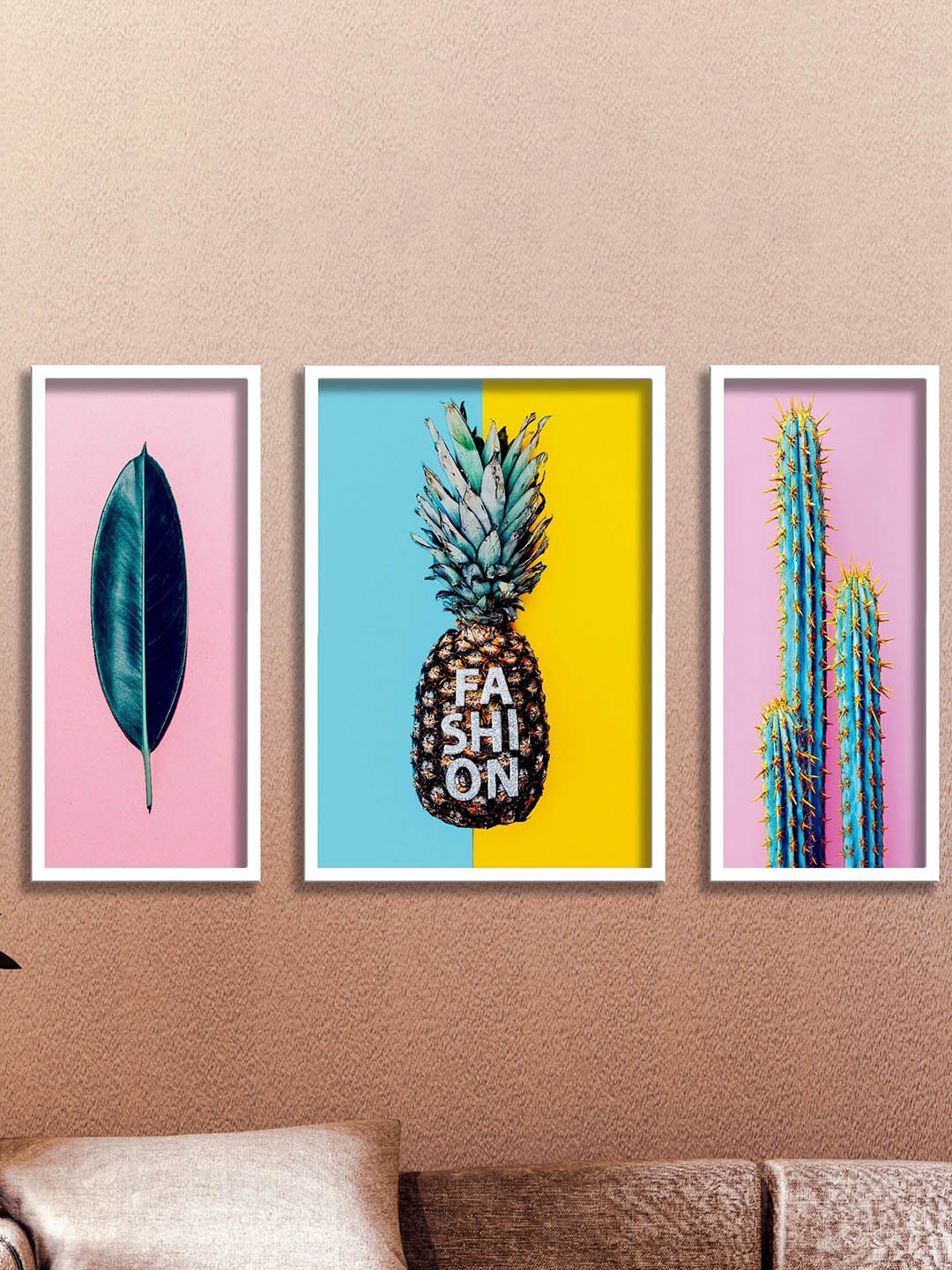 

SAF 3 Pieces Pink & Blue Tropical Pineapple Painting UV Coating Wall Art