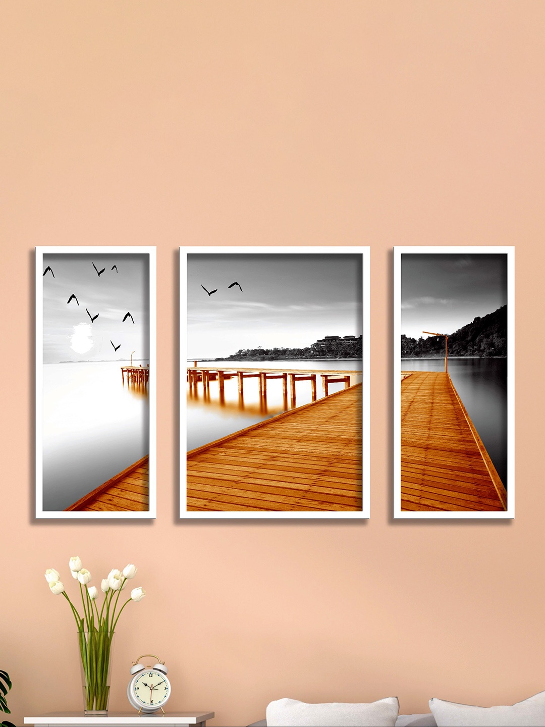 

SAF 3 Pieces Grey & Tan Brown Water Bridge & Birds Painting UV Coating Wall Art