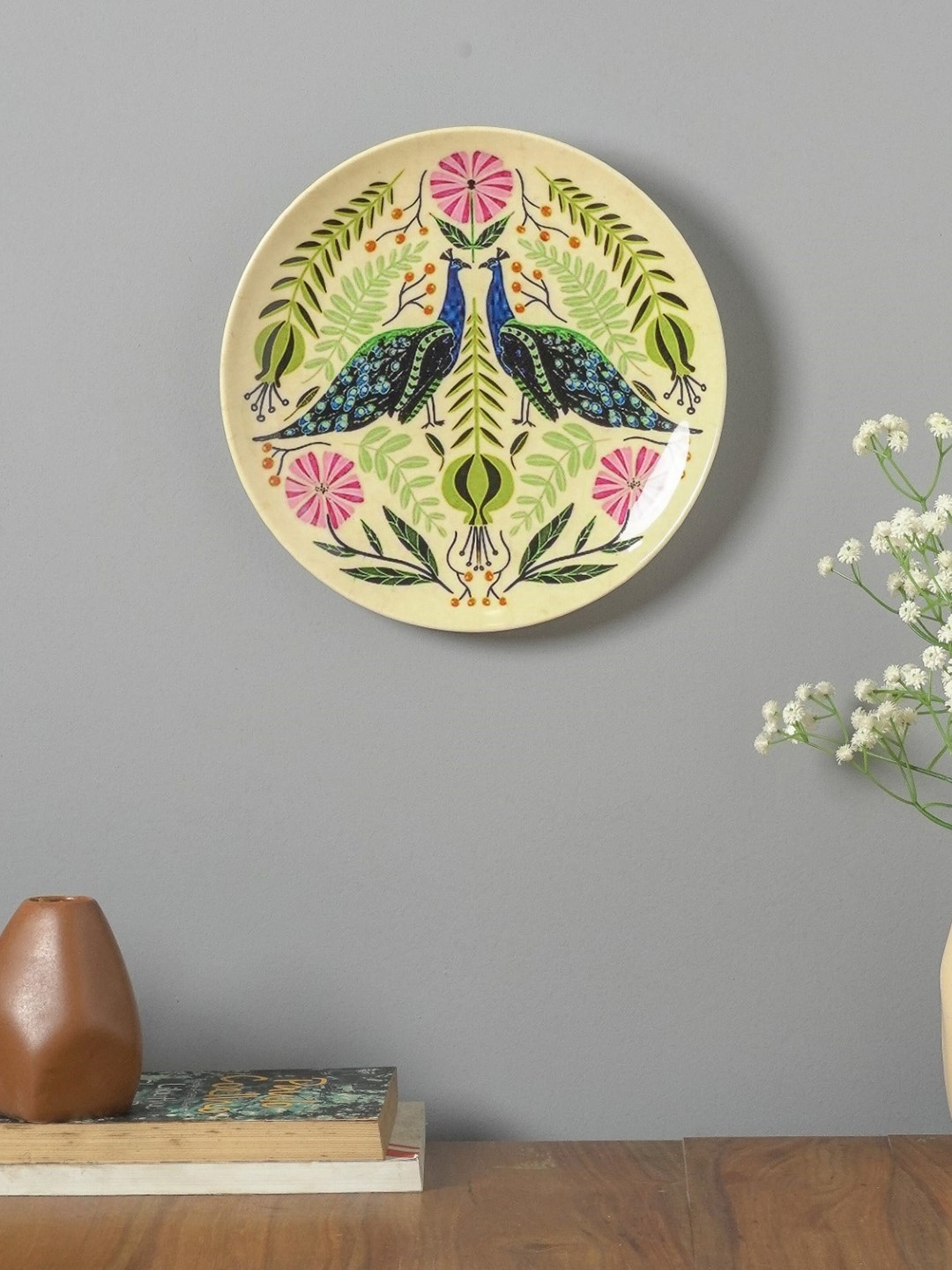 

The Decor Mart Green & Pink Floral Peacock Wall Plate