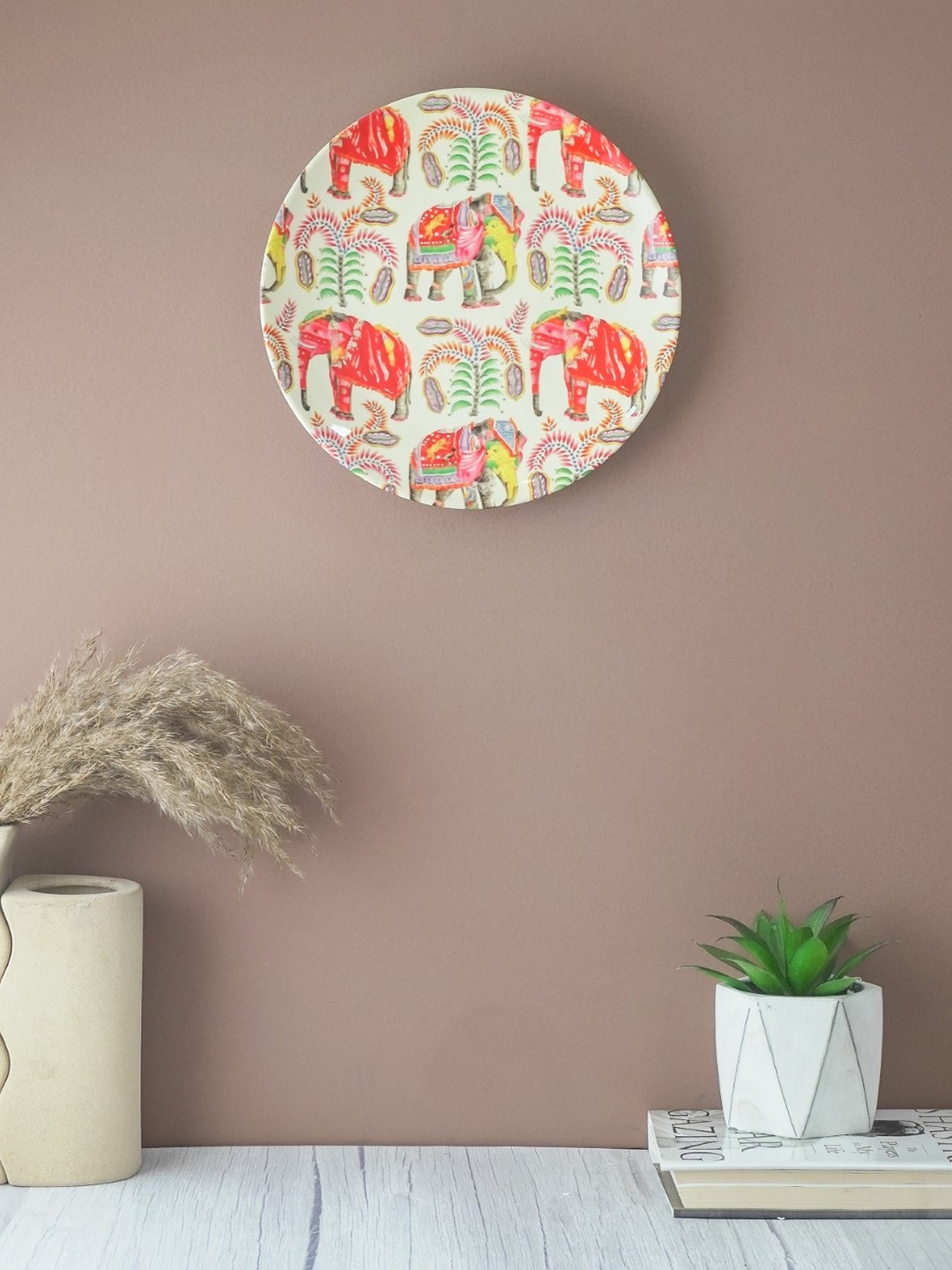 

The Decor Mart White & Orange Colourful Elephant Printed Ceramic Wall Plate