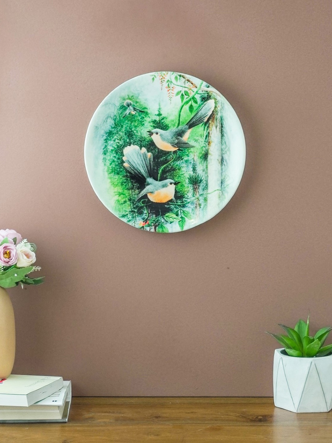 

The Decor Mart White & Green Printed Birds Life Ceramic Wall Plate