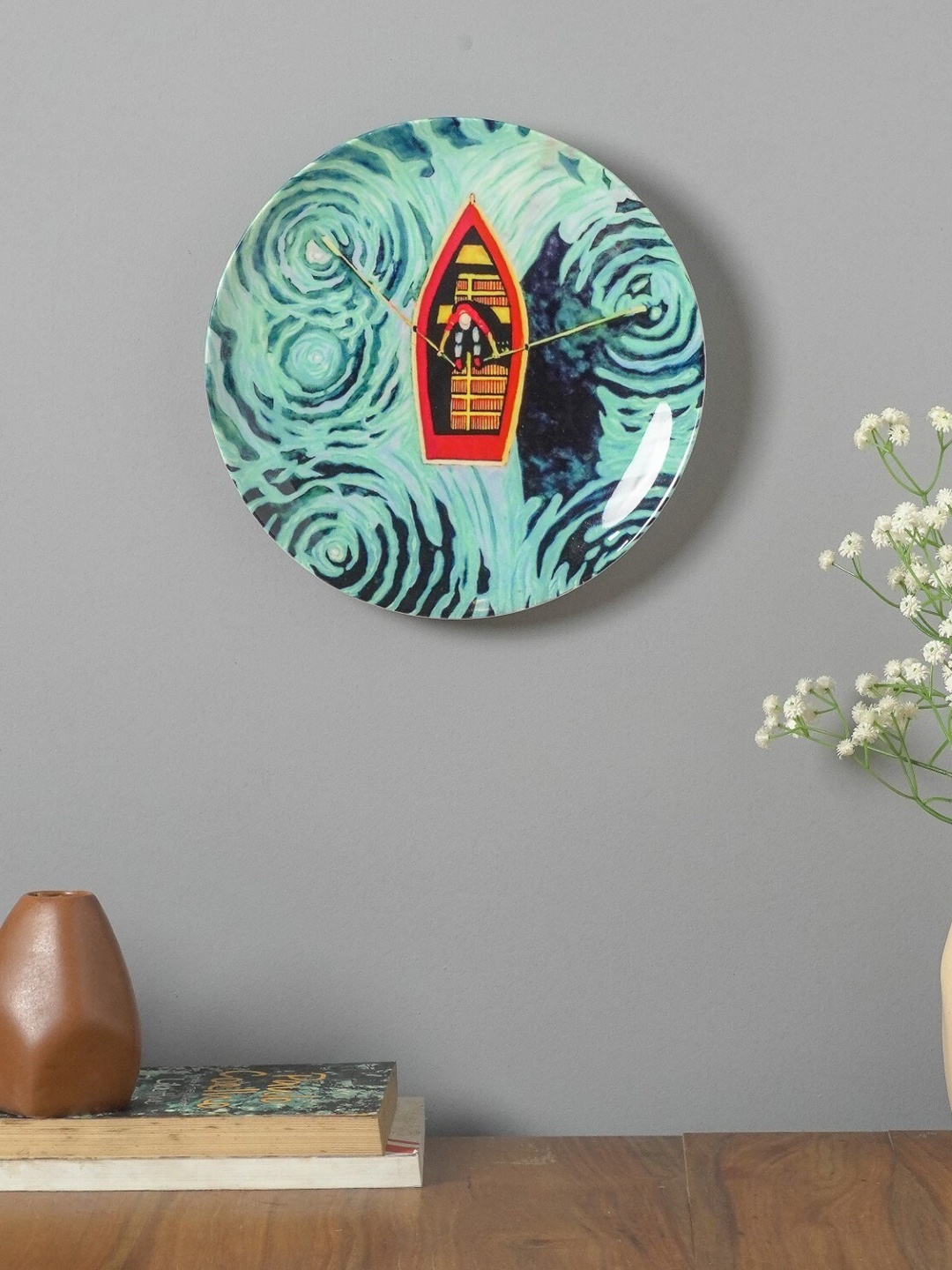 

The Decor Mart Blue Printed Swirly Lake Boat Ceramic Wall Plate, White
