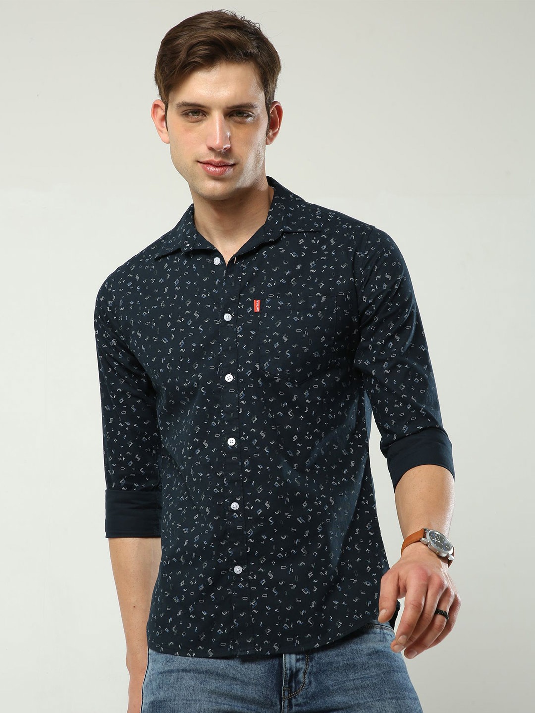 

Reslag Slim Fit Micro Ditsy Printed Cotton Shirt, Navy blue