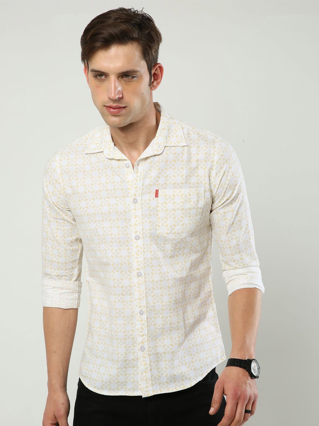 

Reslag Slim Fit Geometric Printed Cotton Casual Shirt, White
