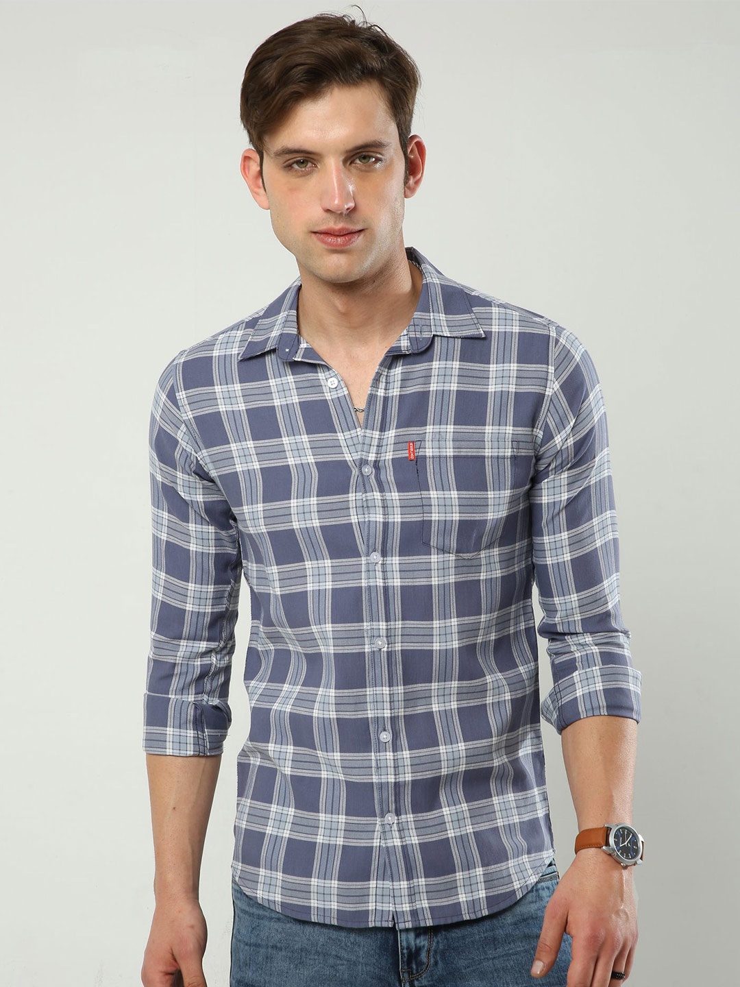 

Reslag Slim Fit Tartan Checks Cotton Casual Shirt, Blue